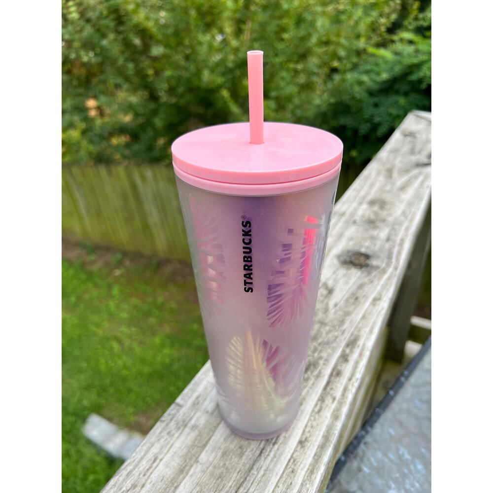 Starbucks Iridescent Palm Leaf Cold Cup 24oz Pink Lid Straw 2022 Tumbler